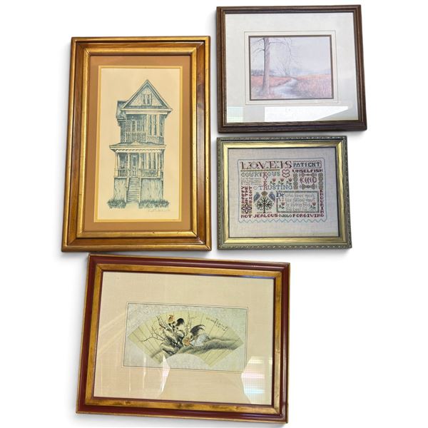 Group of Four Framed Works: Roosters, Landscape, House Print & Needlework Sampler