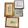 Image 1 : Group of Four Framed Works: Roosters, Landscape, House Print & Needlework Sampler