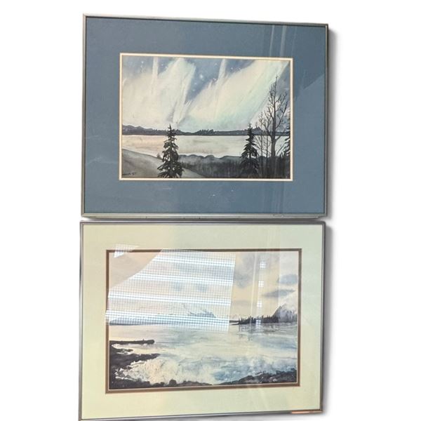 Pair of Naomi '87 Mountain Lake Landscape Paintings on Paper, Framed (20 x 16 in.)