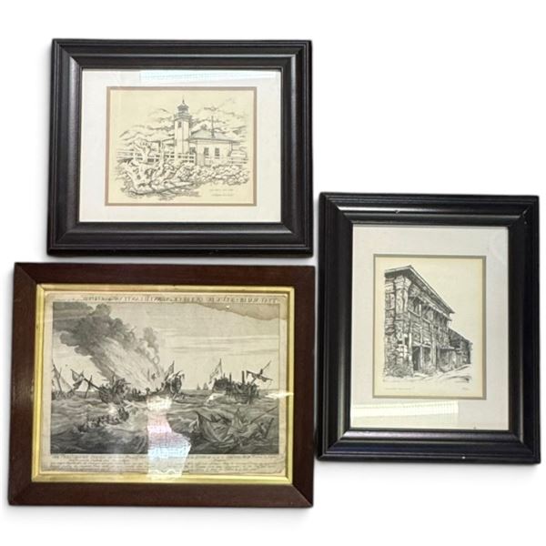 Three Framed Works: Richard Paton Naval Battle, Christopher Bollen & T. de Castro