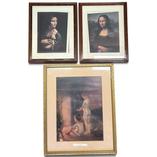Three Framed Art Reproductions: Mona Lisa, Lady with an Ermine & Children by the Fire