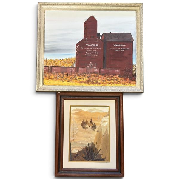 Two Framed Prairie Landscapes: Ellingsen 1979 Grain Elevator 17x20" & Mixed-Media Collage