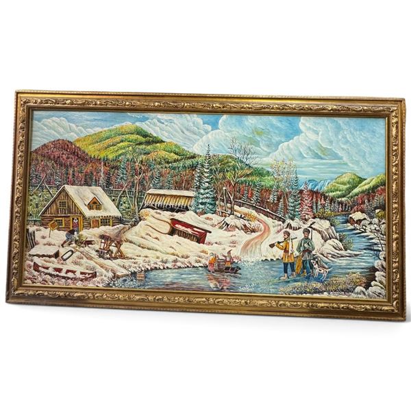 Jas Blake Signed 1983 Folk Art Winter Hunting Landscape Oil on Canvas (53 x 29 in.)