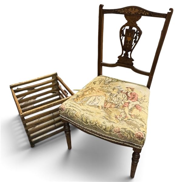 Inlaid Wood Side Chair with Figural Tapestry Upholstery & Slatted Wood Crate 13x13x11"