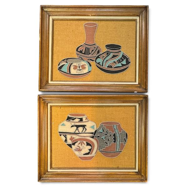 Pair of Southwestern Pottery Motif Mixed-Media Wall Panels in Wood Frames (20 x 16 in.)