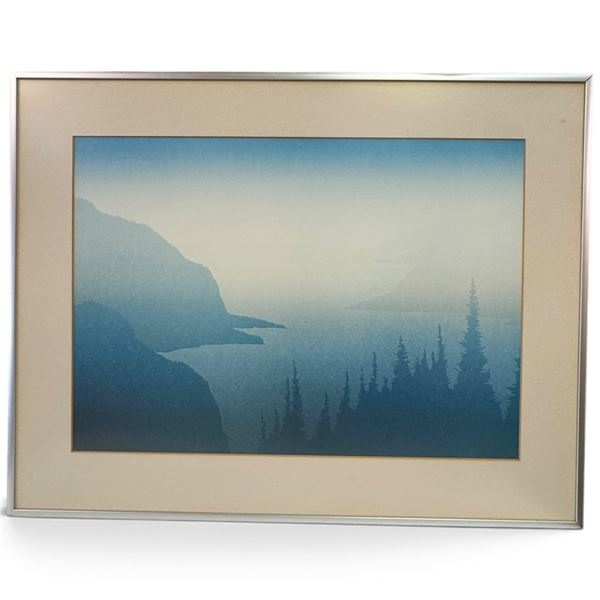 Framed Blue-Toned Mountain Lake Landscape Print with Evergreens (25 x 19 in.)