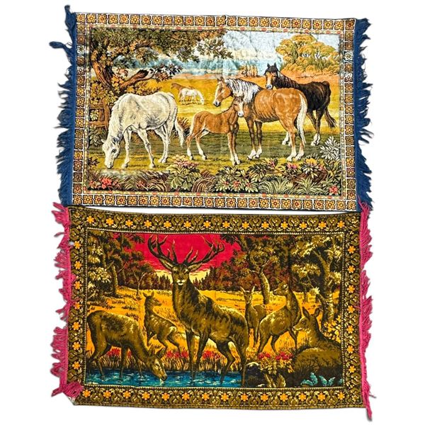 Pair of Fringed Pictorial Textile Panels with Horse & Deer Scenes (35 x 37 in.)