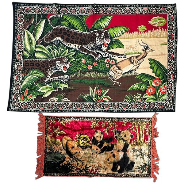 Two Animal-Scene Decorative Textiles with Leopards, Gazelle & Panda Family, Floral Borders