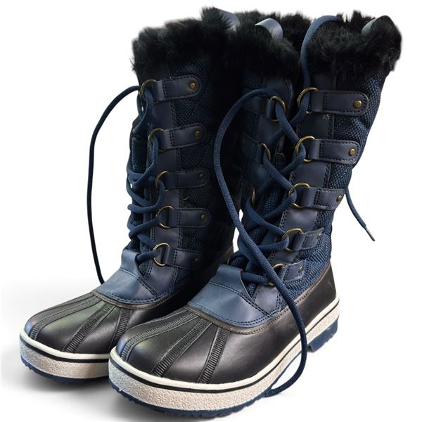 Canadiana 20 Crystal Navy & Black Winter-Lined Lace-Up Boots, Size 8, New