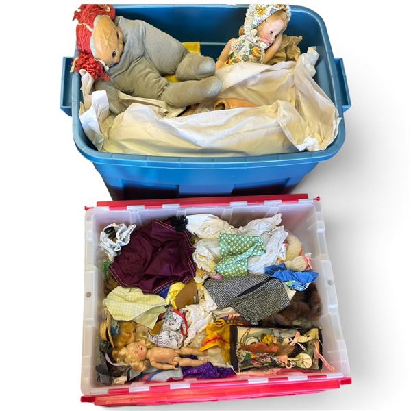 Assorted Dolls, Doll Parts, Clothing & Accessories with Two Plastic Storage Totes