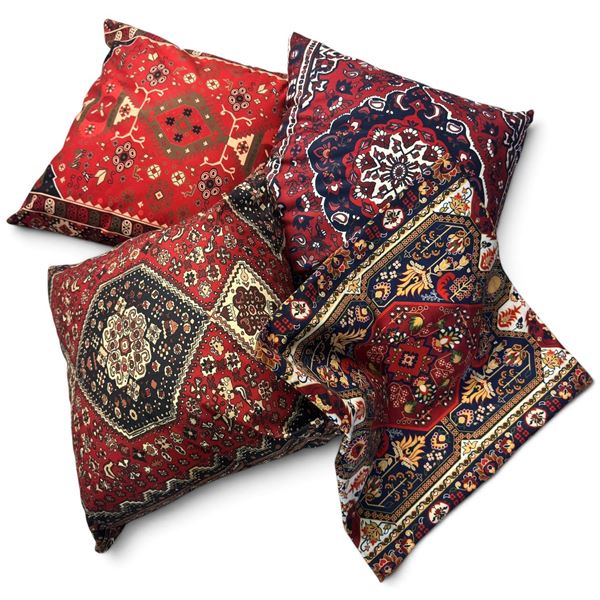 Set of Four Persian Rug-Pattern Decorative Throw Pillows in Red, Navy & Cream