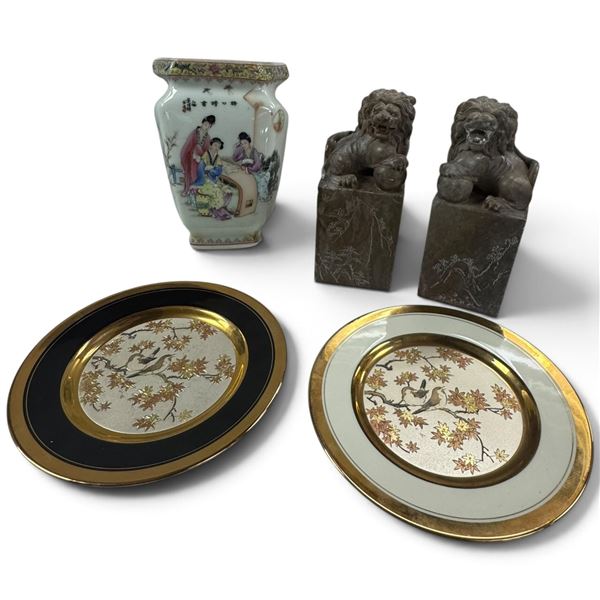 Asian Decorative Group: Chokin Plates, Enameled Vase & Foo Dog Bookends 8" tall