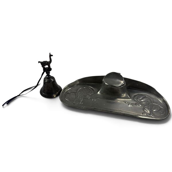 Early 20th C. Liberty & Co. Tudric Pewter Rose Inkstand & Llama-Finial Metal Bell