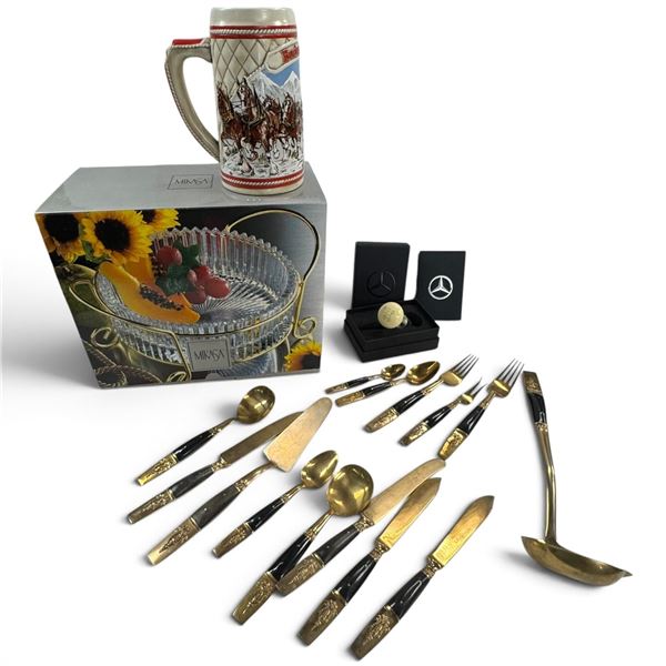 Budweiser 1985 Clydesdale Stein, Mikasa Serveware, Thai Brass Flatware & Mercedes Shifter Stopper