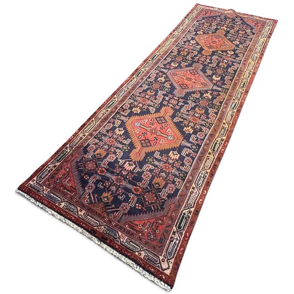 Hand-Knotted Hamedan Wool Persian Runner Rug, Geometric Medallions (293 X 100 Cm)