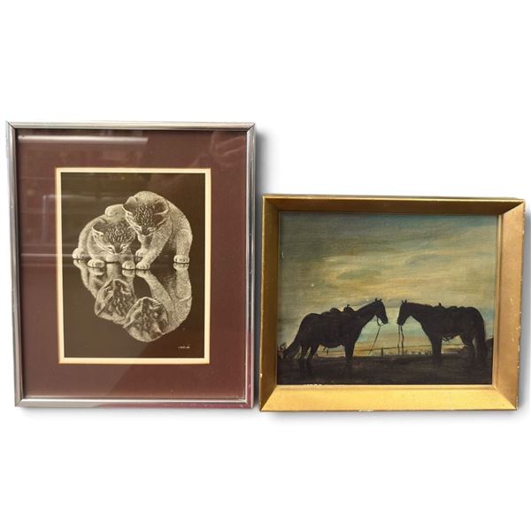 Chaplin Cat Print & Original Horse Silhouette Landscape Painting, 2 Framed Artworks, 10.5 x 12 In