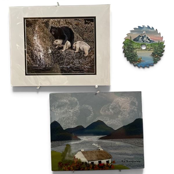 Angela King Bear Print & Two Signed Folk Art Landscapes, Including Painted Saw Blade