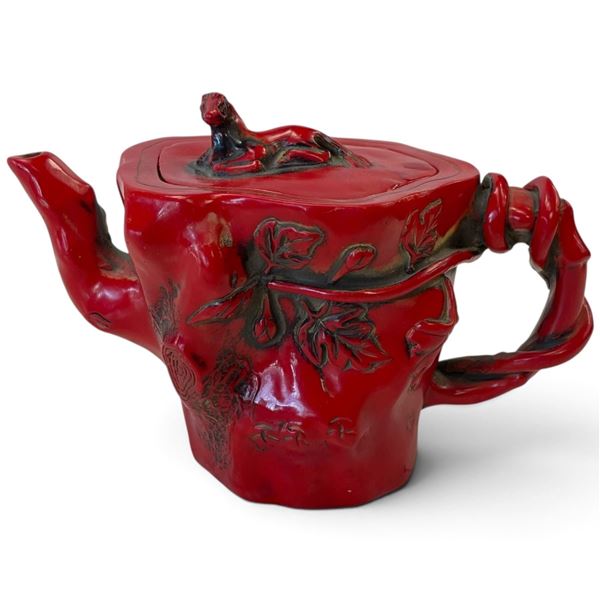 Red Glazed Relief Ceramic Teapot & Green Stone-Appearance Hanging Ornament 4.5" Tall