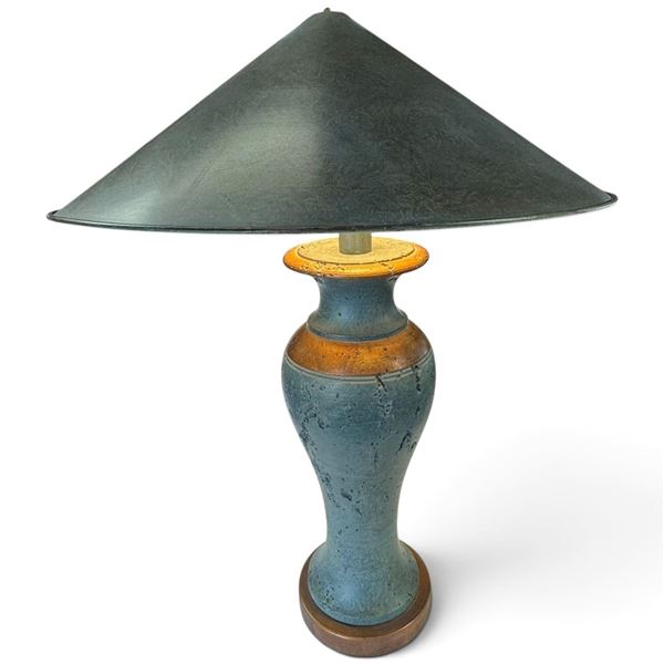 Modern Ceramic Table Lamp, Blue-Green & Ochre Base, Wide Conical Metal Shade, 30 In. Tall