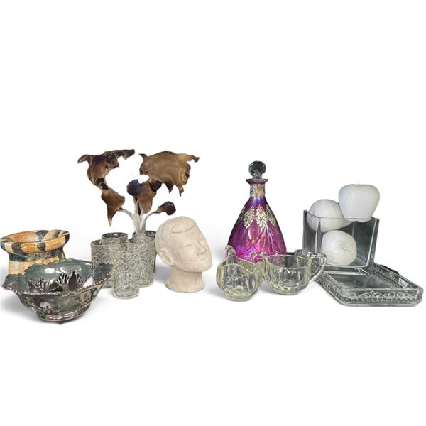 Mixed Decorative Arts Group with Glass, Pottery, Metalwork & Sculpture (11 in.)