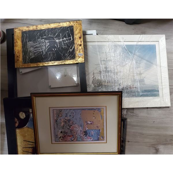 Stack of Framed Art - Vintage Tiles, Prints & 1 Unframed Metal Etching of a ship