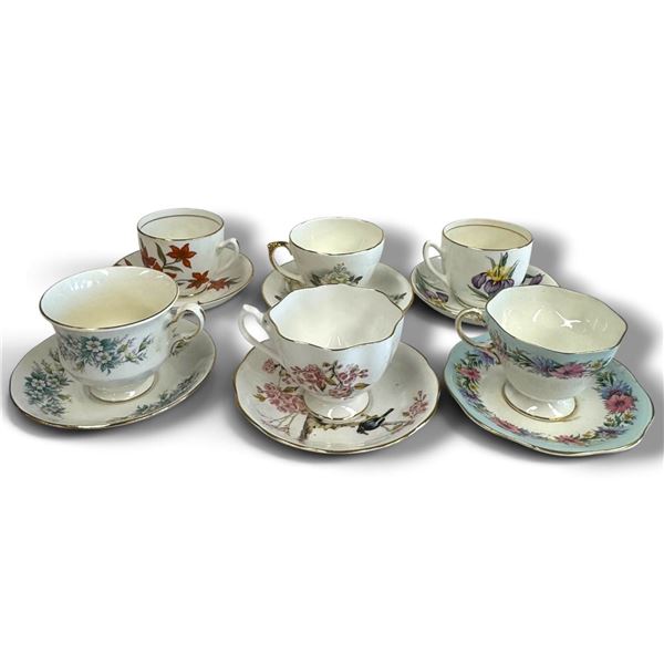 6 English Bone China Teacup & Saucer Sets, Duchess, Queen Anne & Delphine, Floral Gold Trim Vintage.
