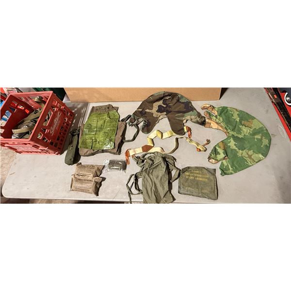 VTG Variety Military Lot w/ Helmet Covers, Decomtaminating CW Agent, Bandage Wraps & More