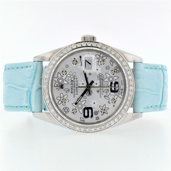 Rolex DateJust SS Floral 1.50ct Dia 36 Blue Strap
