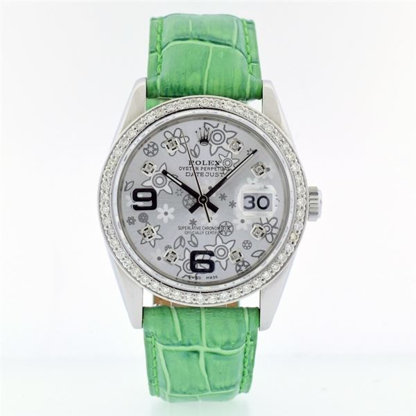 Rolex DateJust SS Floral 1.50ct Diam 36 Green Watc