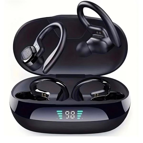 Brand New A3 Wireless Sport Earbuds with Ear Hooks & LED Charging Case – Black
