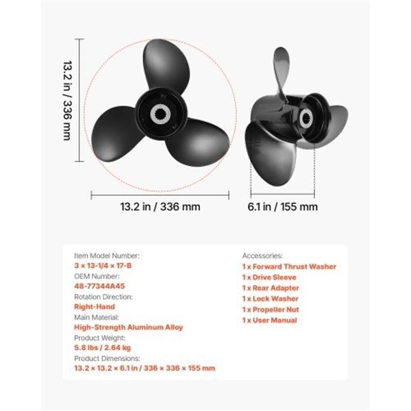 Brand New 13-1/4 × 17-Inch 3-Blade Aluminum Outboard Propeller for Mercury 40–140 HP