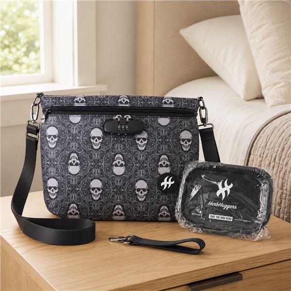 Brand New HerbHuggers Skull-Print Lockable Smell-Proof Shoulder Bag