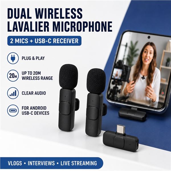 Brand New K1 Dual Wireless Lavalier Microphone Kit USB-C – 2 Mics