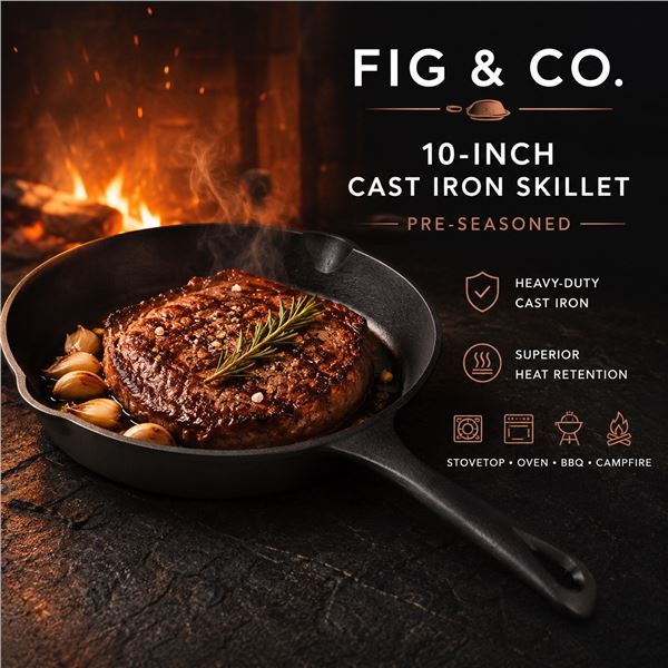 Brand New Fig & Co. 10-Inch Pre-Seasoned Cast Iron Frying Pan – Heavy Duty