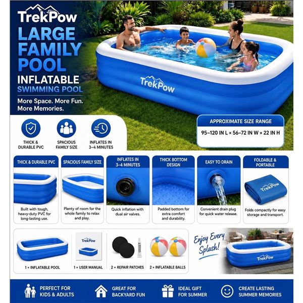 Brand New TrekPow Large Inflatable Family Swimming Pool – Kids & Adults
