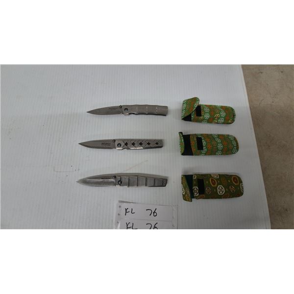 Three MCUSTA VG-10 Seki Japan Folding Knives and Sheaths