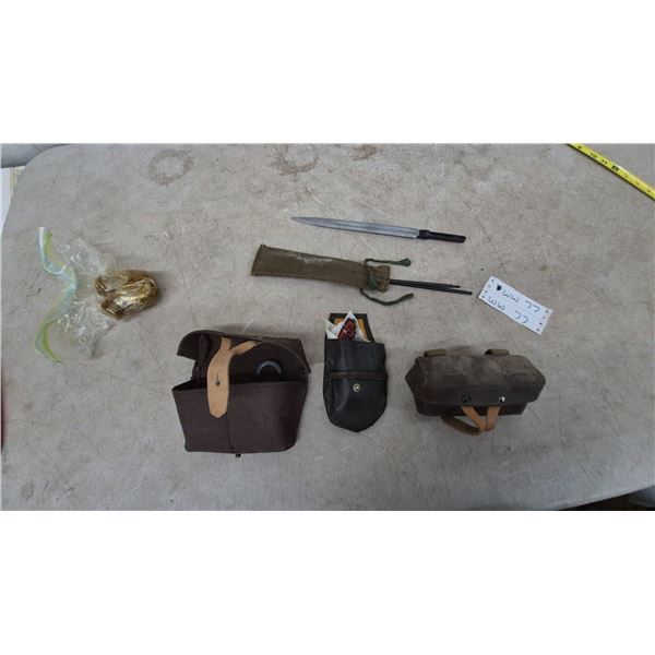 Assorted Military and Gun-Cleaning Gear: Bayonet, Cleaning Rods, and Pouches