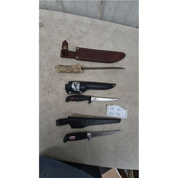 Assorted Knives: Rapala Fillet Knives and Antler Handle Knife