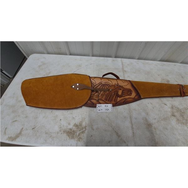 Tooled Leather and Suede Rifle Scabbard with Horse and Mountain Scene