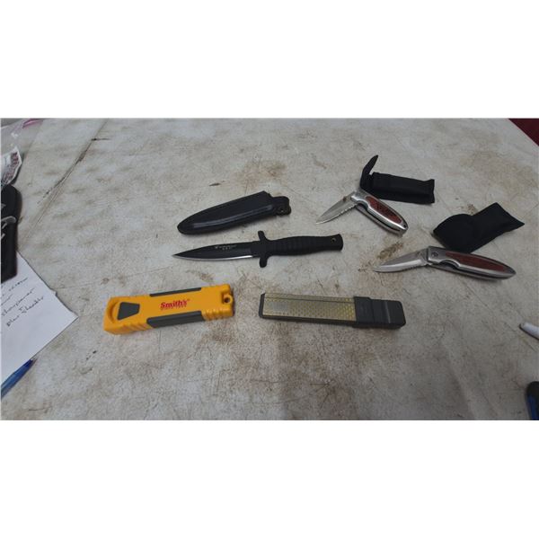 Smith and Wesson H.R.T. Dagger and Sheath, 2 Folding Knives, and Sharpener