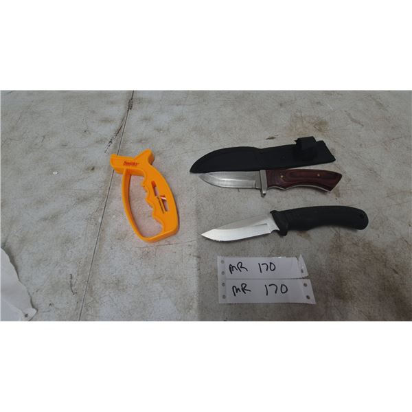 Smith's Knife Sharpener and 2 Knives, One with Sheath