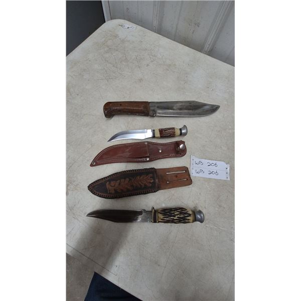3 Fixed-Blade Knives, 2 with Sheaths, Biggest 14.6”