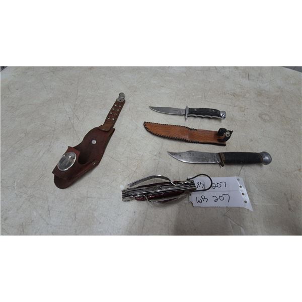 3 Knives and Multi-Survival Tools and 2 Fixed-Blade Knives