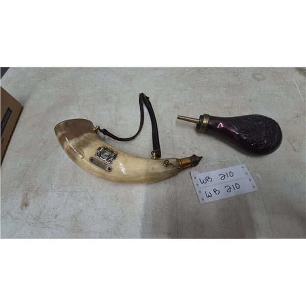 Powder Horn and Powder Flask with Embossed Military Motif