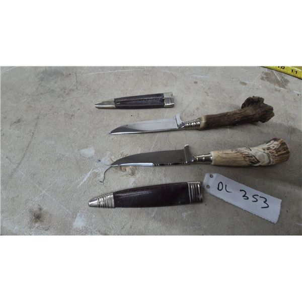 Two Antler-Handle Hunting Knives with Two Leather Sheaths, 8” Long