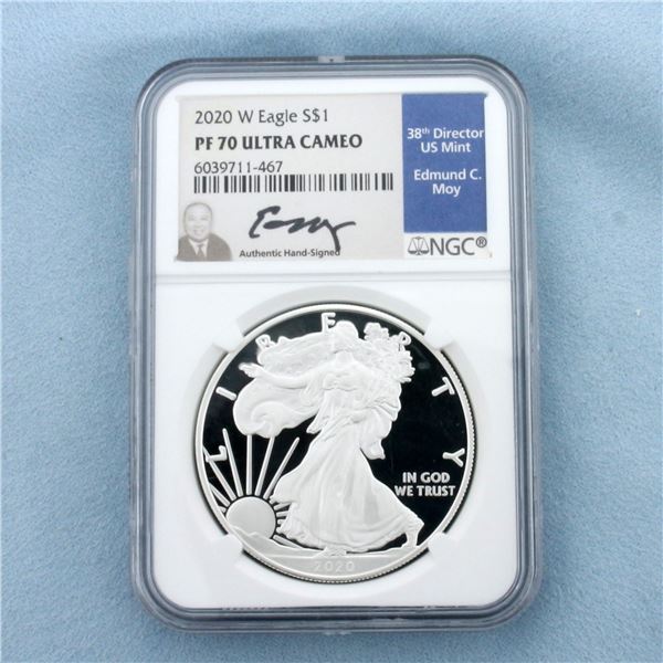 2020 W Proof Silver Eagle S$1 Coin NGC PF70 Ultra Cameo Edmund Moy Hand SIigned Blue Label