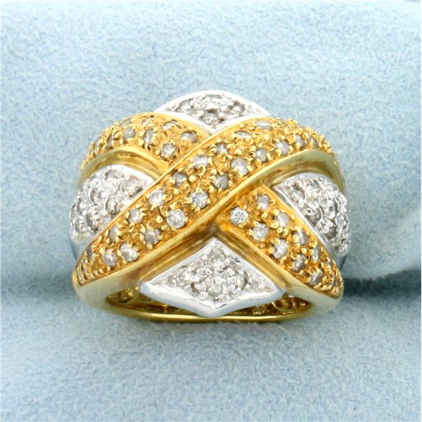 Designer Diamond Criss Cross Statement Ring in 18K Yellow and White Gold