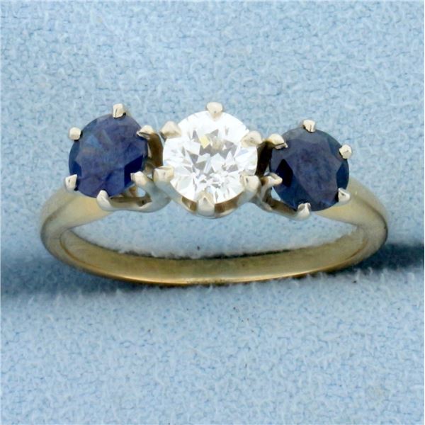 Antique Three Stone Sapphire and Diamond Ring in 14K Yellow and White Gold