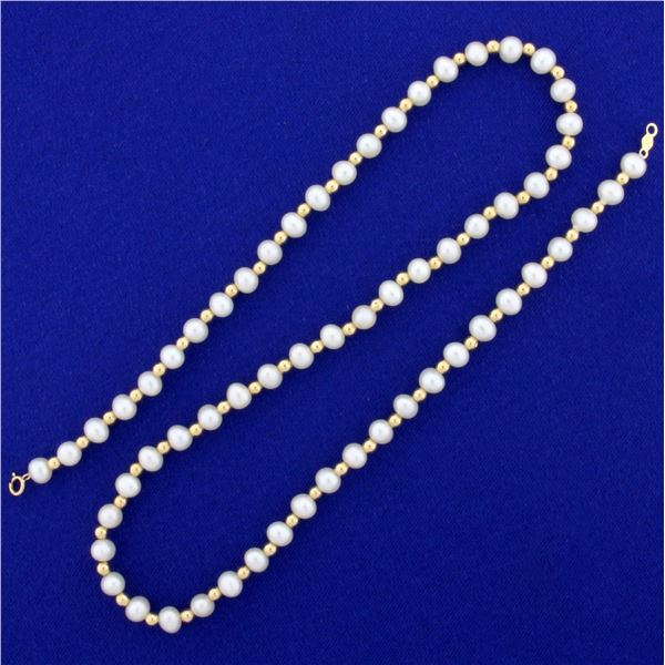 18 Inch Cultured Pearl and Gold Bead Necklace in 14K Yellow Gold