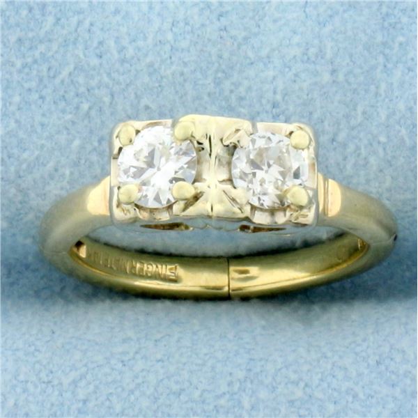 Vintage Two Stone Old European Cut Diamond Toi et Moi Ring with Expandable Shank in 14K Yellow Gold